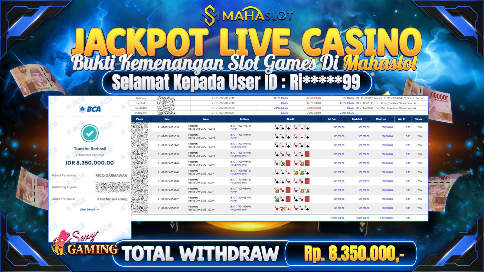 MAHASLOT JACKPOT LIVE CASINO BACARAT AE SEXY GAMING 1000 Rp. 8.350.000,- LUNAS