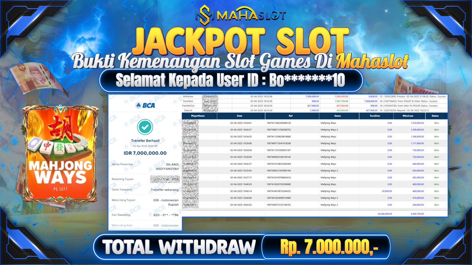 MAHASLOT JACKPOT SLOT GAMES MAHJONG WAYS Rp. 7.000.000,- LUNAS
