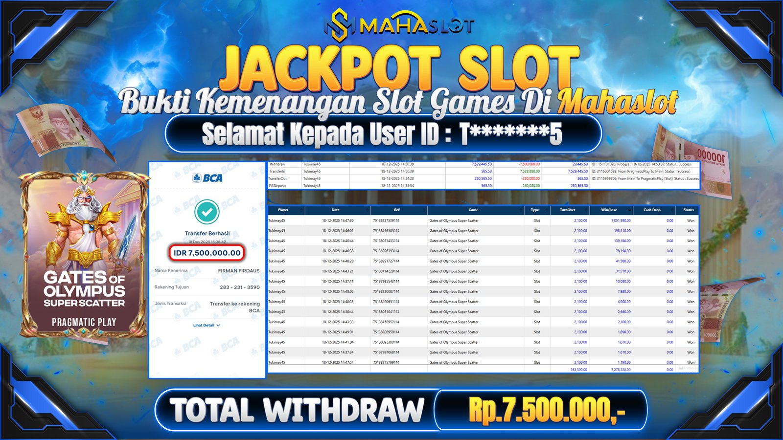 MAHASLOT JACKPOT SLOT GAME GATES OF OLYMPUS SUPERSCATTER Rp. 7.500.000,- LUNAS