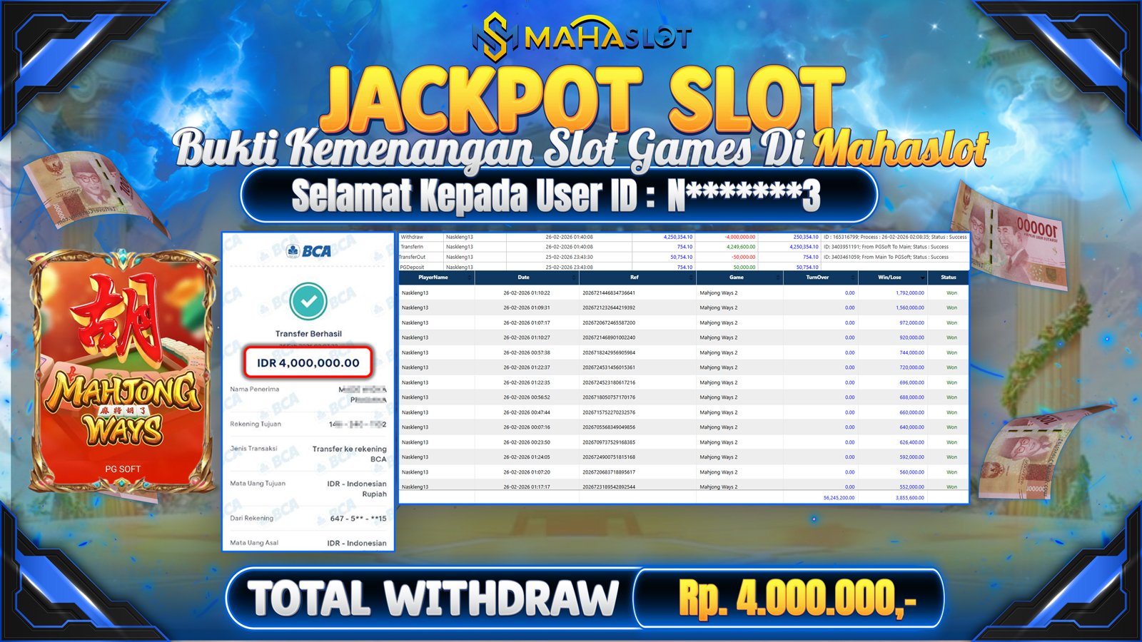 MAHASLOT JACKPOT SLOT GAME MAHJONG WAYS Rp. Rp.4.000.000,- LUNAS